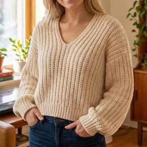 Patrón de suéter holgado a crochet / Suéter de cuello en V a crochet DIY / PDF de crochet para principiantes / Patrón de suéter a medida