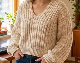 Baggy Sweater Crochet Pattern | DIY V-Neck Crochet Sweater | Beginner-Friendly Crochet PDF | Custom Fit Sweater Pattern