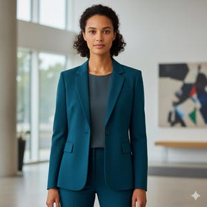 Può includere: Un completo da lavoro color teal, composto da un blazer e pantaloni abbinati. Il blazer ha una chiusura a un bottone e due tasche anteriori. L'abito è indossato sopra un top grigio.
