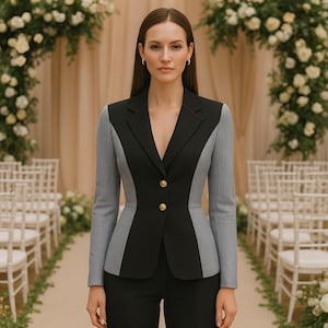 Może przedstawiać: Czarny żakiet z szarymi, prążkowanymi rękawami i bocznymi panelami, zapinany na złote guziki. Żakiet jest połączony z czarnymi spodniami. Tło obejmuje kwiatowy łuk i rzędy białych krzeseł, sugerując formalne wydarzenie lub ślub.