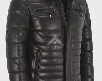Chaqueta de cuero auténtico para hombre, con capucha, color negro, totalmente acolchada, 2006