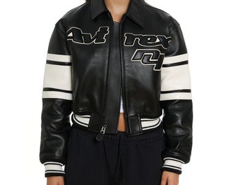 Chaqueta de cuero estilo aviador estilo bombardero americano AVIREX Icon, hecha a mano, para mujer