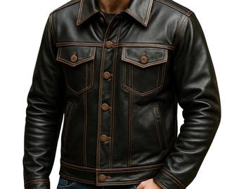 Men’s Black Genuine Leather Trucker Jacket – Vintage Style Button Up Biker Coat