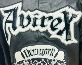 Handemade Avirex Goth Jacket ,Faux Leather Bomber Vintage Streetwear Jacket , Black Embroidered Varsity