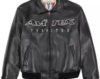 Giubbotto bomber da uomo fatto a mano in vera pelle di vacchetta Avirex X Trapstar, colore nero, stile American Flight