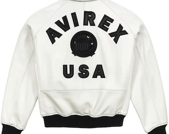 Chaqueta de vuelo Avirex de piel de vaca auténtica para hombre, color blanco, estilo aviador americano, hecha a mano.