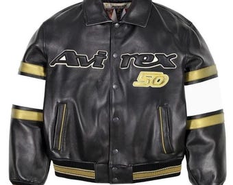 Handemade Avirex 50th Anniversary Black Leather Varsity Jacket | Classic Bomber Riding