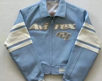 Avirex-Style Cropped Bomber Jacket: Sky Blue Faux Leather, Varsity Detail