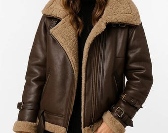 Women’s Shearling Aviator Jacket Genuine Sheepskin Biker Warm Winter Coat