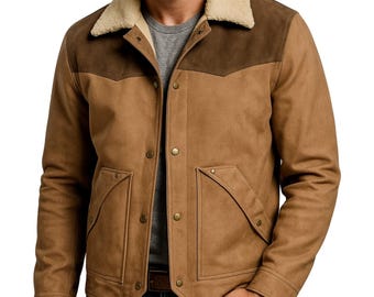 Men's Real Sheepskin Suede Soft Shearling Leather Jacket Vintage Western Style