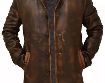 Abrigo de cuero desgastado, chaqueta de cuero vintage, ropa de abrigo para hombre, moda para mujer, estilo LW, ropa clásica