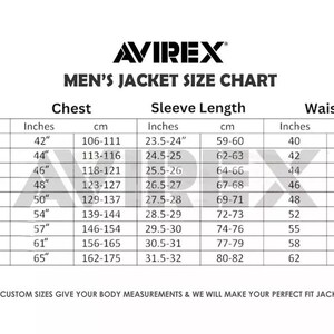 Puede incluir: Tabla de tallas de chaquetas AVIREX para hombre, que muestra las medidas de pecho, largo de manga y cintura en pulgadas y cent&iacute;metros. Las tallas van de XS a 5XL, con las medidas correspondientes. Incluye una nota sobre tallas personalizadas.