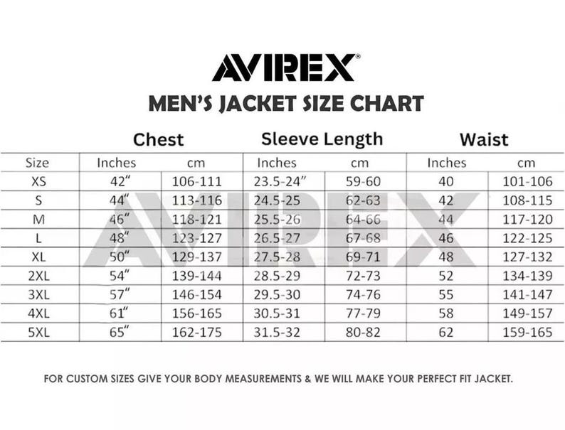 Puede incluir: Tabla de tallas de chaquetas AVIREX para hombre, que muestra las medidas de pecho, largo de manga y cintura en pulgadas y cent&iacute;metros. Las tallas van de XS a 5XL, con las medidas correspondientes. Incluye una nota sobre tallas personalizadas.