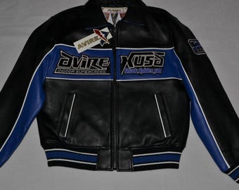 新品 ハンドメイド 本物 AVIREX レザー ブラック ブルー スパイダー レーサー ジャケット メンズ