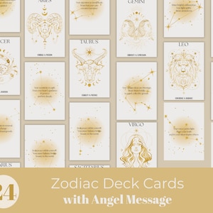 Può includere: Un set di 24 carte del mazzo zodiacale con messaggi angelici. Ogni carta presenta un'illustrazione dorata del segno zodiacale su sfondo crema. Le carte sono disposte a griglia, con la scritta "Zodiac Deck Cards with Angel Message" in basso.