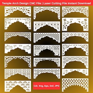 Puede incluir: Una colección de patrones de arcos de templo blancos y detallados, adecuados para corte láser CNC. Los diseños incluyen varios motivos florales, geométricos y simbólicos, con texto que dice "Temple Arch Design CNC File | Laser Cutting File Instant Download" e información del tipo de archivo.