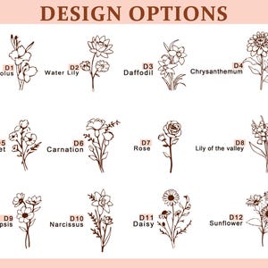 Peut inclure: Douze options de motifs floraux sont pr&eacute;sent&eacute;es, chacune sous forme d'un dessin au trait d&eacute;taill&eacute;. La s&eacute;lection comprend Gla&iuml;eul, N&eacute;nuphar, Jonquille, Chrysanth&egrave;me, Violette, &OElig;illet, Rose, Muguet, Coreopsis, Narcisse, Marguerite et Tournesol.
