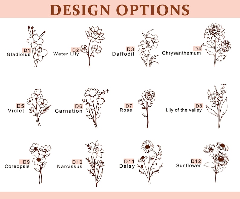 Peut inclure: Douze options de motifs floraux sont pr&eacute;sent&eacute;es, chacune sous forme d'un dessin au trait d&eacute;taill&eacute;. La s&eacute;lection comprend Gla&iuml;eul, N&eacute;nuphar, Jonquille, Chrysanth&egrave;me, Violette, &OElig;illet, Rose, Muguet, Coreopsis, Narcisse, Marguerite et Tournesol.