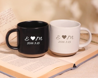 Personalized Ceramic Couple Mugs | Carved Anniversary Gift