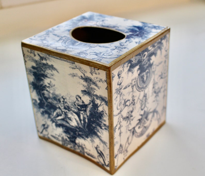 Royal Blue French Toile Tissue Box Cover image 4