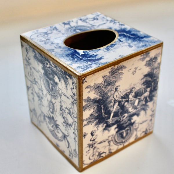 Royal Blue French Toile Tissue Box Cover