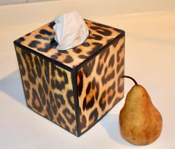 Leopard Print Paper Mache Tissue Box Cover - Handmade, 5.13" Cube, USA Made, Gold Edged