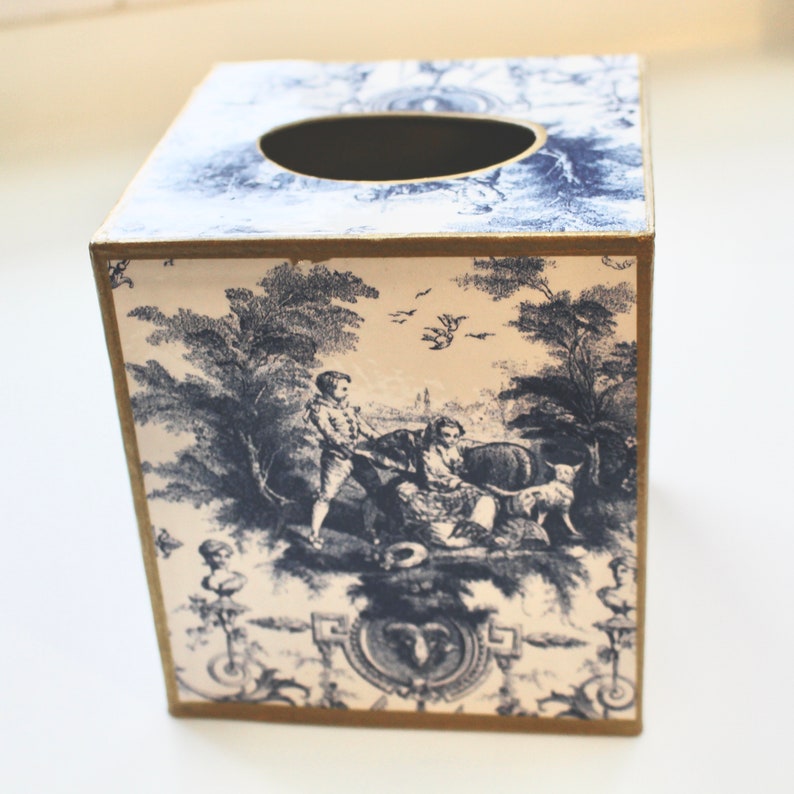 Royal Blue French Toile Tissue Box Cover image 2
