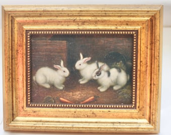 Bunny Trio of Victorian Bunnies No. 2 - Framed Oil Painting Print