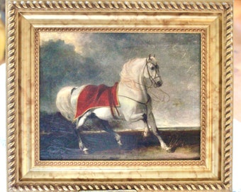 LARGE White Stallion Framed Oil Painting Print in  Antique Frame