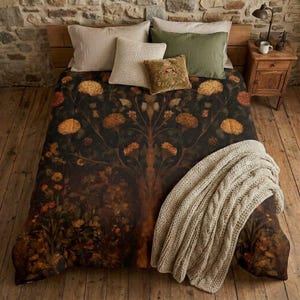 May include: A bed with a dark floral patterned comforter and several pillows. The comforter features a tree design with orange and yellow flowers. A beige cable-knit throw blanket is draped over the bed. The pillows are in shades of beige and green.
