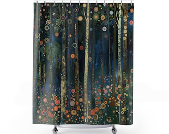 Shower Curtain, Gustav Klimt Inspired, 71" x 74" Long Woodland Floral Botanical Boho Bathroom Décor, Cool Shower Curtains