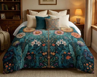 Edredón 100% algodón, ligero y acogedor, inspirado en William Morris, estampado a una cara, ropa de cama floral botánica en 4 tamaños.