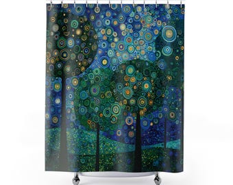 Shower Curtain, Gustav Klimt Inspired, 71" x 74" Long Woodland Floral Botanical Boho Bathroom Décor, Cool Shower Curtains