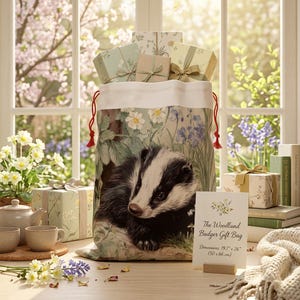 Gift Bag, Beatrix Potter Inspired Woodland Creature Gift Bag, 19.7 × 26 Christmas Santa Sack, Woodland Animal Botanical Hygge Gifts