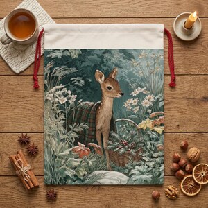 May include: A drawstring bag featuring a woodland scene with a deer wearing a plaid blanket. The illustration includes a basket of berries and pinecones, surrounded by flowers and foliage. The bag has a cream-colored top with red drawstrings.
