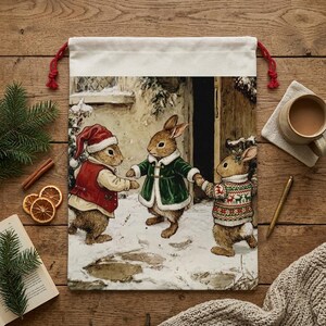 May include: A cream-colored drawstring gift bag featuring a winter scene with three anthropomorphic rabbits in festive attire. One rabbit wears a Santa hat and red vest. The other two are in a green coat and a patterned sweater. Red drawstring closure.
