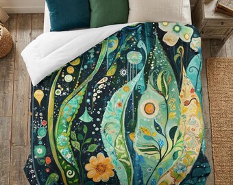 Dekbed, 100% katoen, op Gustav Klimt geïnspireerde lichtgewicht knusse sprei uit botanisch bos, eenzijdige print, beddengoed in 4 maten