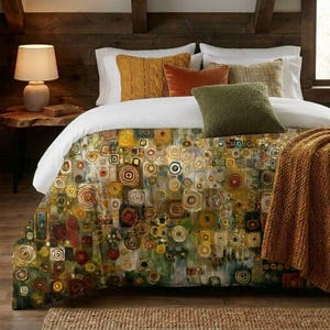 May include: A bed with a duvet cover featuring a colorful abstract design with circles and squares in shades of gold, brown, and green. The bed is made with white sheets, and has several decorative pillows and a mustard-colored throw blanket.