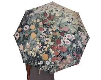 Gustav Klimt Inspired Semi-Automatic 48" Foldable Umbrella, Colorful Floral Rain or Beach Umbrella, Baby Shade, Gift for Grandma Gardener