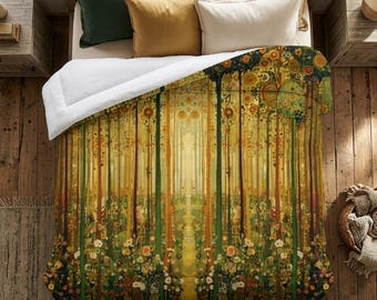 Edredón 100% algodón, ligero, inspirado en Gustav Klimt, con estampado botánico de bosque, estampado a una cara, disponible en 4 tamaños.