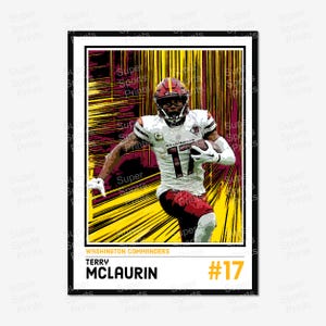 May include: A framed print featuring a football player in a Washington Commanders uniform, number 17. The player is running with the ball against a yellow and maroon background. The print includes the player's name, Terry McLaurin, and team name.