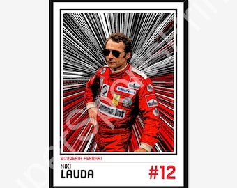 Póster de Niki Lauda Ferrari F1 - Impresión deportiva estilo cómic retro