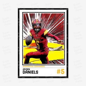 May include: A framed print depicting a football player in a burgundy and gold uniform, holding a football. The print includes the text "WASHINGTON COMMANDERS," "JAYDEN DANIELS," and the number "5."