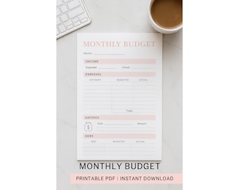 Monthly Budget Planner | Budget Worksheet | Expense Tracker | Printable PDF | Instant Download