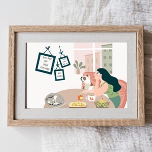 Op de afbeelding: Ingelijste kunstdruk met een illustratie van een vrouw, een hond en een kat in een kamer. De print bevat de tekst "You are not your feelings" en "They come and go, you remain."