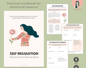 May include: A digital download featuring a workbook titled "SELF-REGULATION" with the subtitle "Practical workbook for emotional balance." The cover illustration shows a person holding a flower. Additional pages include self-regulation plans and scenarios.