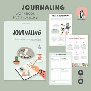 Könnte beinhalten: Ein Journaling-Arbeitsbuch mit dem Titel „JOURNALING“ und dem Untertitel „WORKBOOK FOR SELF-CONNECTION NVC in practice“. Das Cover zeigt eine schlafende Katze, eine Kaffeetasse und ein offenes Journal. Zusätzliche Seiten beschreiben Journaling-Praktiken.