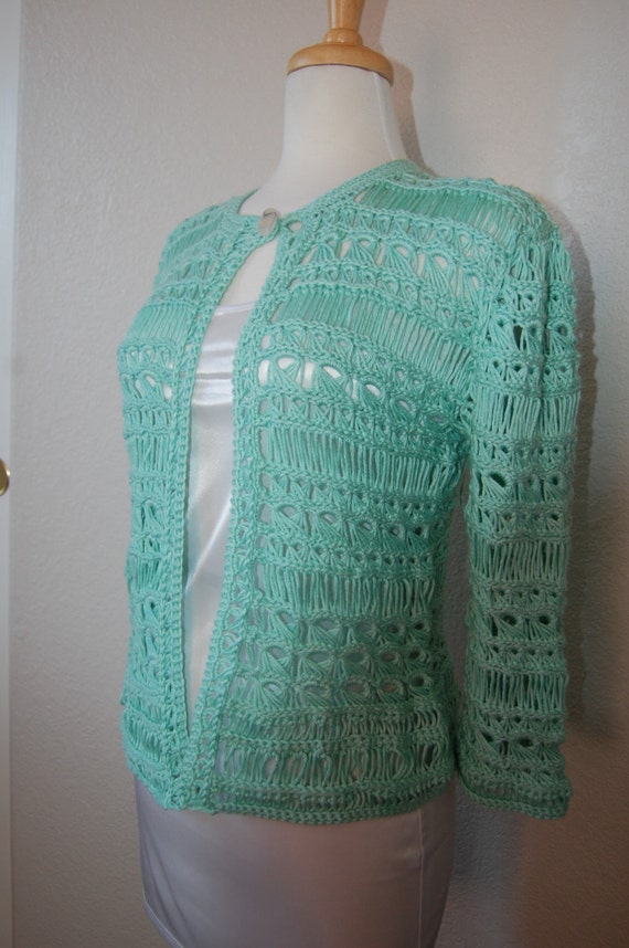 Items similar to Crochet Cardigan Broomstick Lace in Soft Green Pima ...