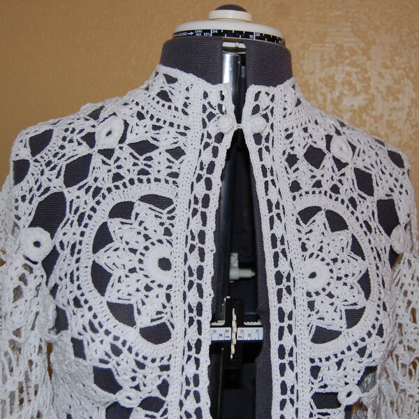 Crochet Cardigan Lace Jacket Sweater Russian Inspired in White Cotton Size Medium
