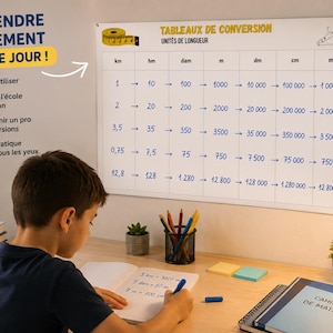 May include: A white educational wall chart titled TABLEAUX DE CONVERSION UNITÉS DE LONGUEUR featuring a grid with columns for km, hm, dam, m, dm, cm, and mm, displaying numerical conversion values with arrows indicating the mathematical progression.